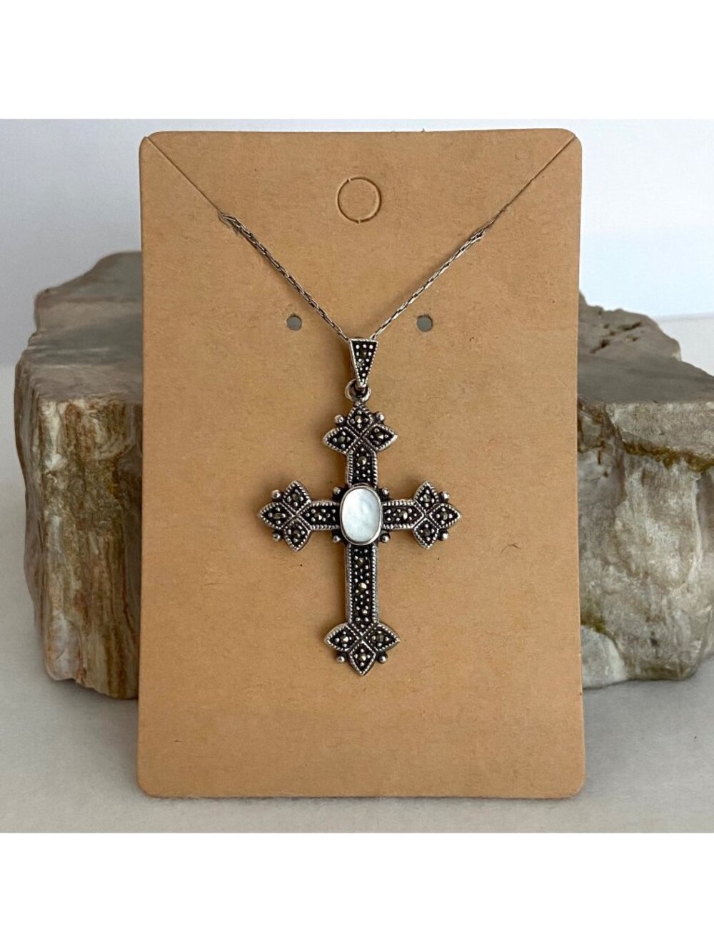 Sterling Silver 925 Mother Of Pearl & Marcasite Cross Pendant Necklace 20" Chain
